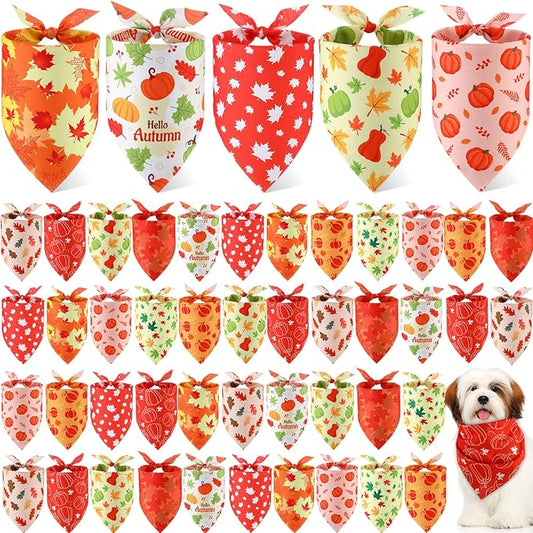 Weewooday 50 Pcs Fall Dog Bandanas Bulk Pumpkin Maple Leaves Thanksgiving Autumn Bandanas for Bibs Adjustable Scarf for Small Medium Large Pet Cat Costume(Leaves Pattern, 19.7 x 13.8 x 13.8 Inch)