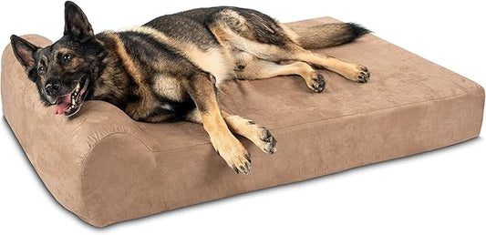 Barker Beds Orthopedic Dog Bed - 7" Pillow Top XL Size (52 x 36 x 11) - Luxury Washable Large Dog Bed with Headrest - Memory Foam Mattress for Big Dogs (Khaki)