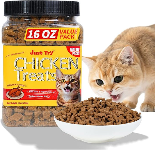 Just Try 16 OZ Cat Treats for Indoor Cats, High Protein Low-Calorie Cat Snacks, Healthy Crunchy Treats, Grain Free Natural Chicken Flavor