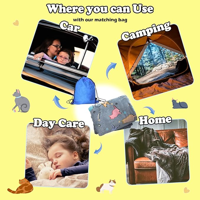 Halloween Best Gift Glow in The Dark Cute Cat Throw Blanket with Storage Bag, Soft Fuzzy Girls Kids Blankets, Birthday, Christmas, New Year Gifts for Girls Boys,Day Care Home Travel Use, 50"x60" Grey