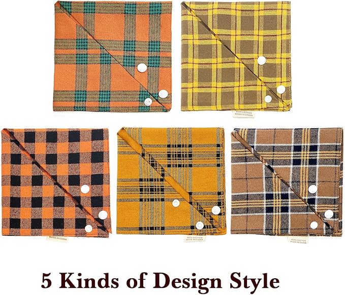 5PCS Dog Bandanas with Button - Thick Triangle Bibs Dual Layer Soft Cotton Scarves for Small Medium Boy Girl Puppy Cat Pet Baby Square Plaid Printing Washable Kerchief Halloween Costumes Outfits
