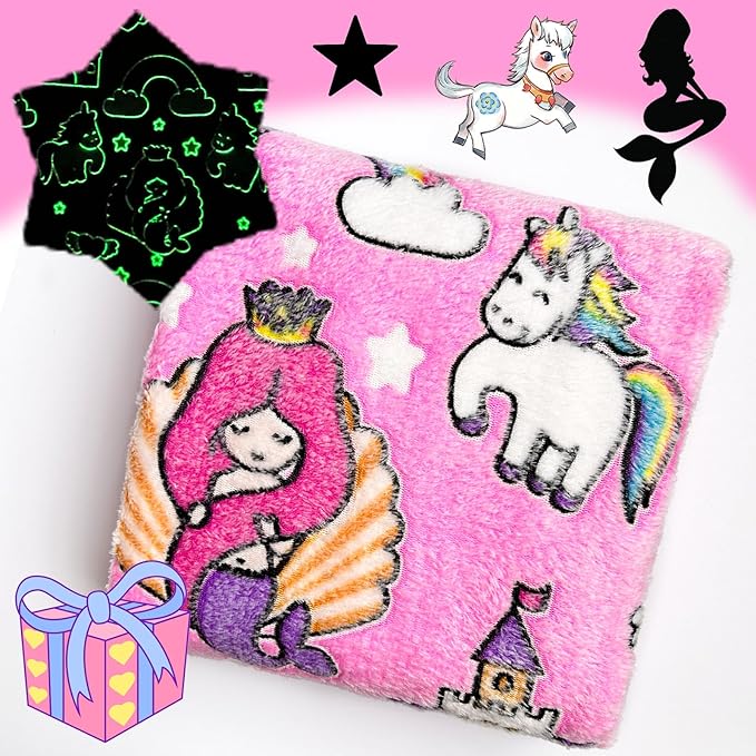 Best Gift Halloween Mermaid Princess Pattern Blanket, Unicorn Blanket Glow in The Dark, 50" x 60", Pink