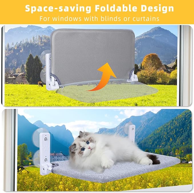 2PC Cat Window Perch, Foldable Cat Window Hammock Sunbathing and Climbing Cats Hammock for Window Bed Bearing 40 Pounds Window Perch for Cats Inside (Light Gray,2 Pack)
