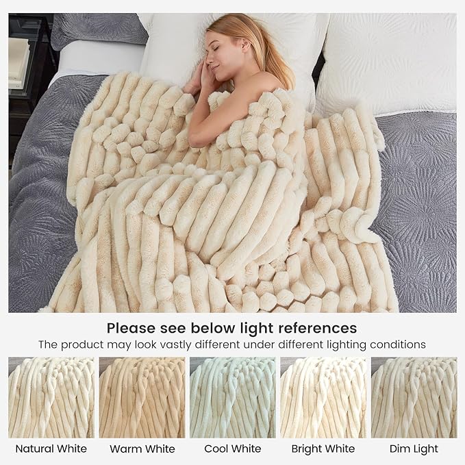 Cozy Bliss Faux Fur Throw Blanket for Couch, Cozy Warm Plush Striped Blanket for Sofa Bedroom Living Room, 108 * 90 Inches Beige