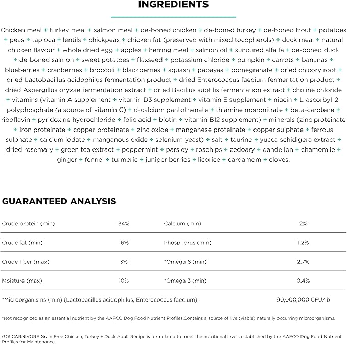 Go! Solutions Carnivore, Grain-Free, Protein Rich Dry Dog Food, Chicken, Turkey and Duck Adult Recipe, 3.5 lb Bag