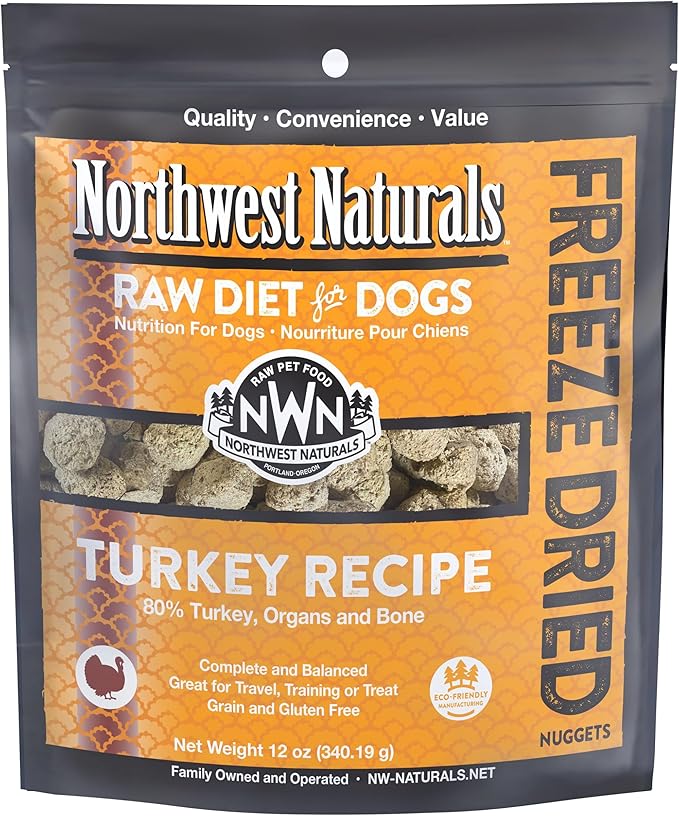 Northwest Naturals Freeze-Dried Turkey Dog Food - Bite-Sized Nuggets - Grain-Free, High-Protein, Raw Diet, Human-Grade, Limited Ingredients, All Natural, Healthy & Nutritious, Made in USA, 12 Oz