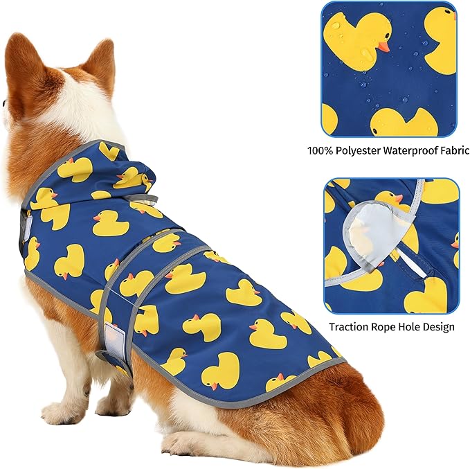 Dog Raincoat for Medium Dogs Waterproof Hooded Rain Jacket with Reflective Strips Leash Hole & Poncho Adjustable Fit (Duck,L)
