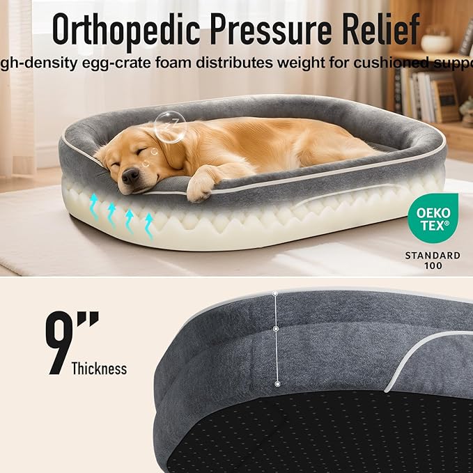 OhGeni Orthopedic Big Dog Couch Pet Sofa XL Sized Cat Beds with Comfort Foam Support, Soft Comfortable Fabric, Machine Washable Waterproof Removable Cover, 42-Inch (Gray)