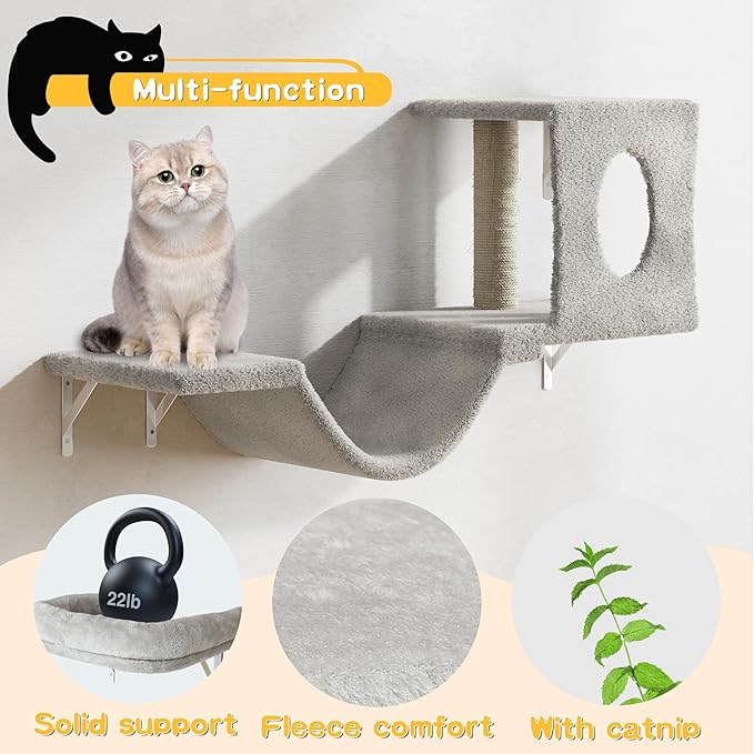 NUNU LAB Wall Mounted Cat Climber Set, 6 Pcs Cat Furniture Set with House, Bridge, Steps, Scratcher Board and Hammock, Shelves for Indoor, Luxury Walls Furniture(Light Gray)
