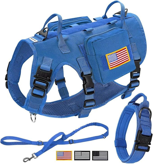 Forestpaw Tactical Dog Harness for Large Dogs,Tactical Dog Collar with Bungee Leash Set,No Pull Military Dog Harness for Walking Training,Adjustable for Medium Large Dogs,Blue,Chest 19.5-41.5"