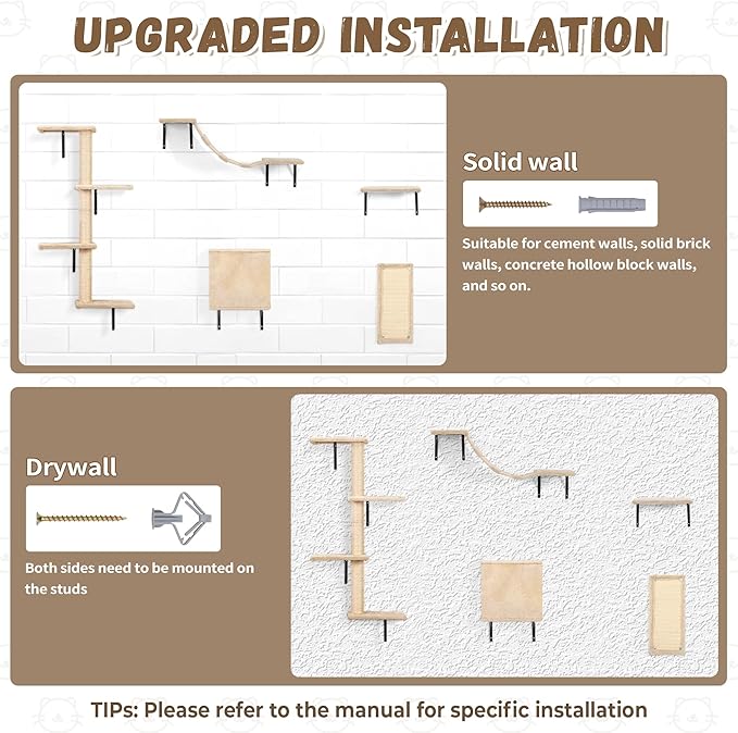 Cat Wall Shelves, Wall Mounted Cat Furniture, Cat Wall Cimber with Perches, Scratchers and Condo, Set of 5 (Beige)