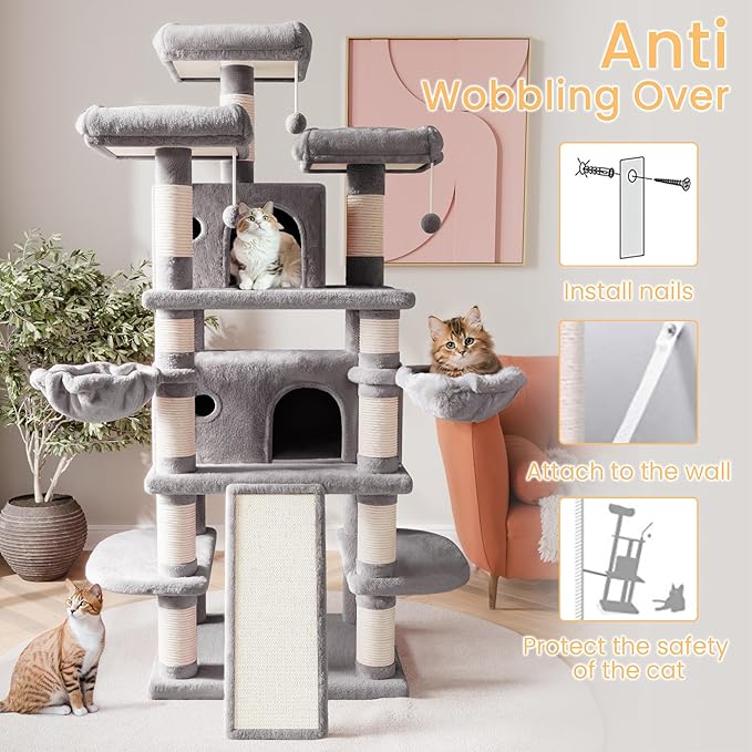 SHA CERLIN 68 Inches Multi-Level Large Cat Tree for Large Kitties/Big Cat Tower with Condo/Cozy Plush Pussycat Perches/Sisal Scratching Posts and Hammocks/Activity Center/Grey