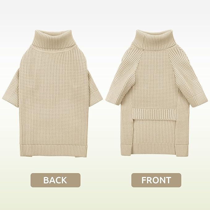 Queenmore Small Dog Sweater, Long Sleeve KnitSweater with Check Pattern, Warm Plaid Doggie Sweaters for Small Medium Dogs, Solid Pull-on Cat Knitwear, Apricot S