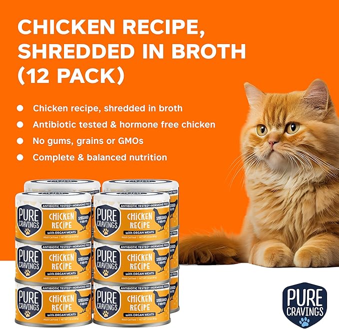 Pure Cravings Chicken Recipe in Broth, Shredded Wet Cat Food, Grain-Free Protein, Non-GMO, 12 Pack