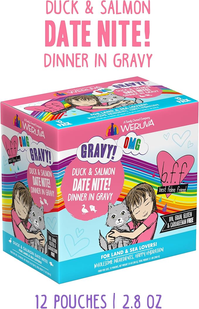 Weruva B.F.F. OMG - Best Feline Friend Oh My Gravy!, Date Nite! with Duck & Salmon in Gravy Cat Food, 2.8oz Pouch (Pack of 12)