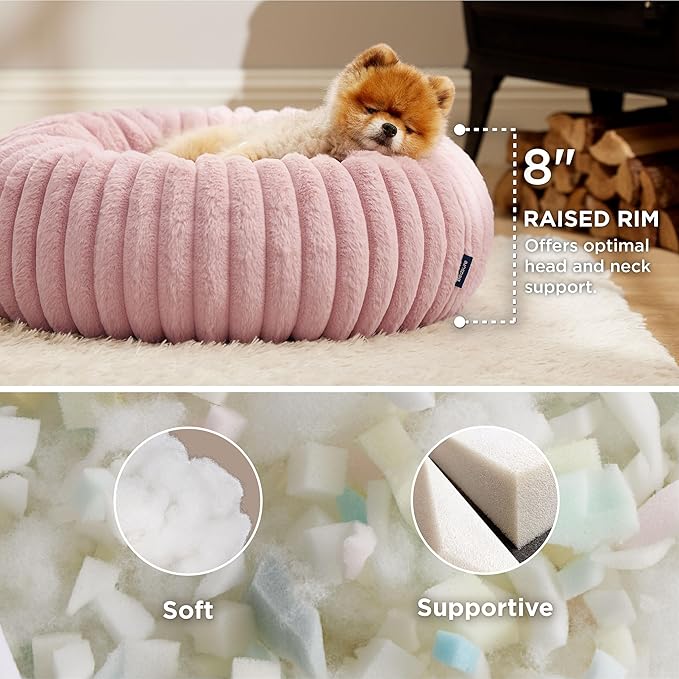 Bedsure Donut Small Dog Bed - Dog Beds for Small Dogs with Corduroy Fleece & Anti Slip Bottom, Round Faux Fur Pet Beds with Washable Removable Cover, Blush Pink, 23x23x7 inches