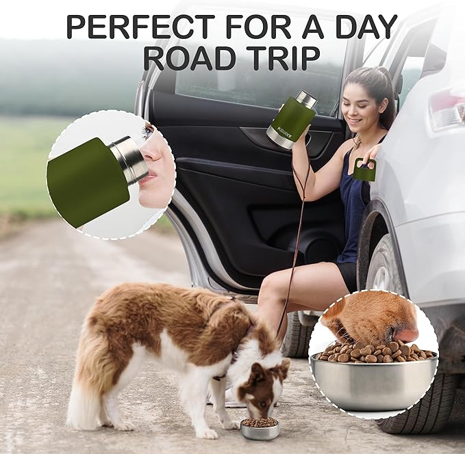 Insulated Dog Travel Water Bottle with Detachable Bowls, 3 in 1 Portable Dog Water Bottle Dispenser, Dog Accessories for Walking, Hiking, Camping, Outdoor (Olive Green, 32 Oz)
