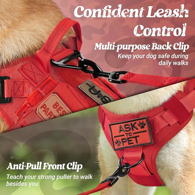 rabbitgoo Tactical Dog Harness for Large, Heavy Duty Pet Harness with Handle, No-Pull Service Vest Large Breed, Adjustable Military Dog Vest for Training Hunting Walking, Red, L