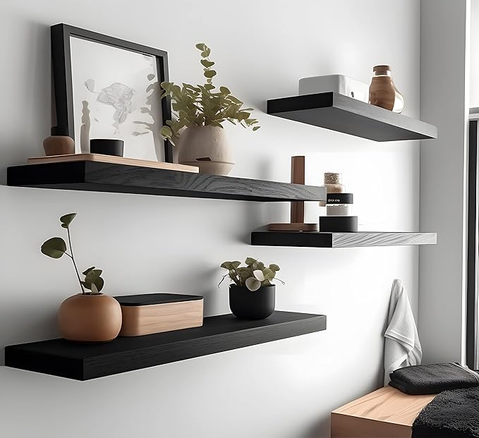 24 Inch Black Wood Floating Shelves for Wall Rustic Wall Shelf for Bedroom Living Room Set of 4
