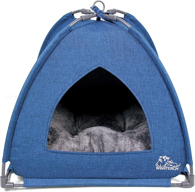 Winsterch Cat Bed Cave for Indoor Cats,Small Pet Tent Cave for Cats Kitten Small Dogs,Warming Cat House with Removable Washable Cushion (18.5'' x 18.5'' x 15.8'',Blue)