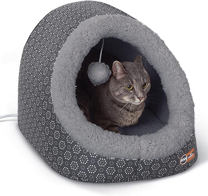 K&H Pet Products Thermo-Pet Cave Heated Cat Bed for Large Cats, Indoor Heated Pet Bed for Dogs & Cats, Covered Cave Pet Tent, Collapsible, Machine Washable, Safety Listed - 17 X 15 X 13in Gray