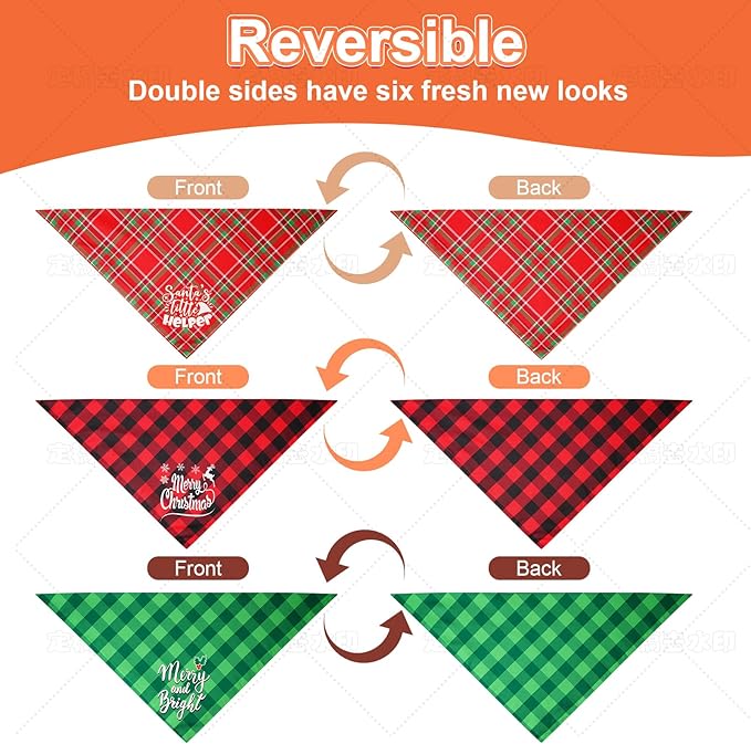 Christmas Dog Bandanas Plaid XLarge 3PCS, 6 Pattern Holiday Scarf for Boy and Girl, Triangle Reversible Bibs Breed for Puppy Pets