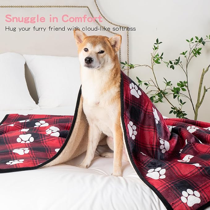 Waterproof Dog Blankets Pet Blanket 50"x60", Soft Fluffy Sofa Car Bed Protector, Reversible Sherpa Fleece Dog Blanket for Large Dogs Christmas Decor(Paw Red)