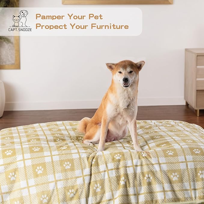 Waterproof Dog Blankets Pet Blanket 50"x60", Soft Fluffy Sofa Car Bed Protector, Reversible Sherpa Fleece Dog Blanket for Large Dogs Christmas Decor(Light Yellow)