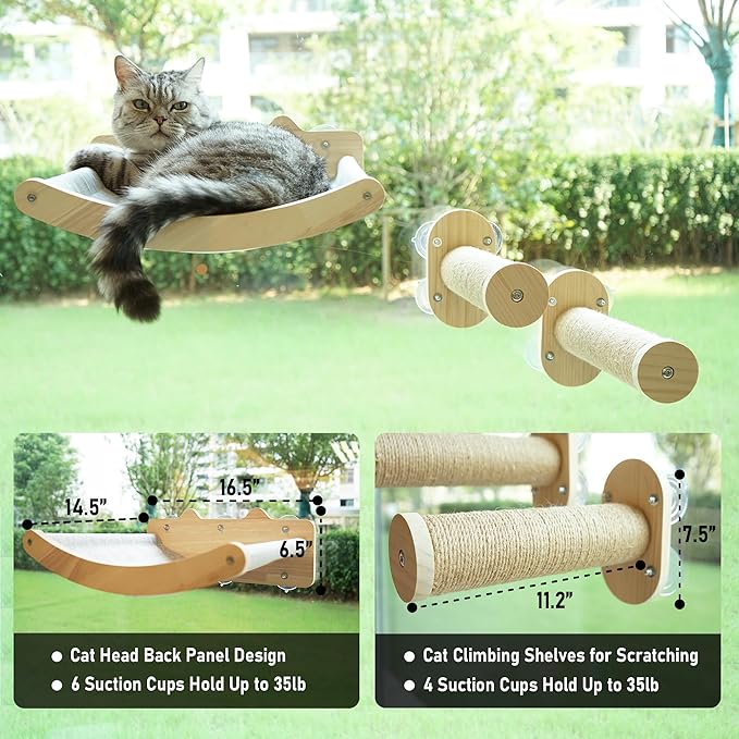 2-in-1 Cat Window Perch & Wall Shelves, Cozy Cat Window Hammock for Indoor Cats with 2 Pack of Sisal Window Shelf - Solid Wood Wall Mounted Furniture,for Sunbathing, Napping & Overlooking