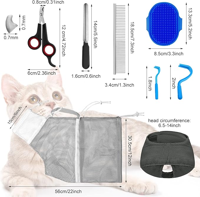 9 Pcs Cat Bathing Bag Set Cat Shower Bag Anti Bite and Scratch for Pet Grooming Washing Brush Comb Muzzle Nail Clipper Nail File Tick Tool(Blue, Gray)