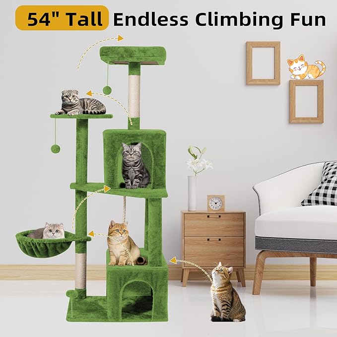 Cat Tree 54-Inch Cat Tower with Padded Plush Perch 2 Comfy Caves, Scratching Posts, Basket, 2 Pompoms, Multi-Level Plush Cat Condo for Indoor Cats Kittens, Green