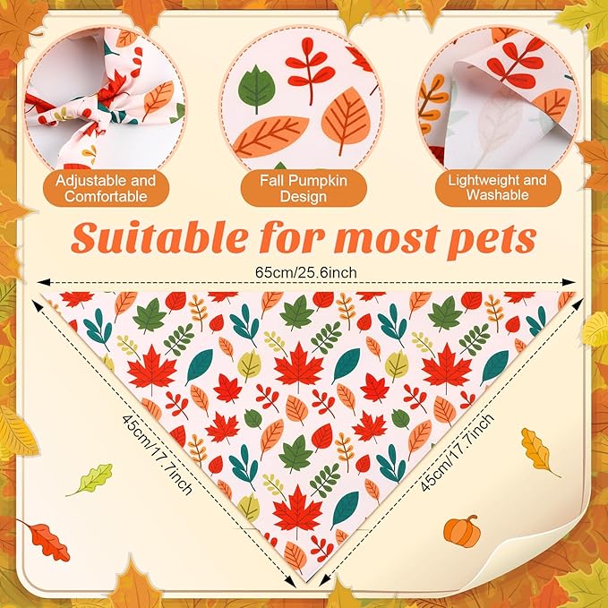 Chunful 60 Pcs Fall Bandanas for Dogs Autumn Maple Leaf Pumpkin Patterns Soft Bibs Adjustable Triangle Doggie Scarf for Small Medium Large Pet Costume(25.6 x 17.7 x 17.7 Inch)