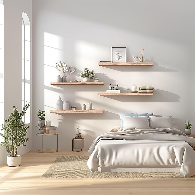 24 Inch Light Wood Floating Shelves for Wall Rustic Wall Shelf for Bedroom Living Room Set of 4