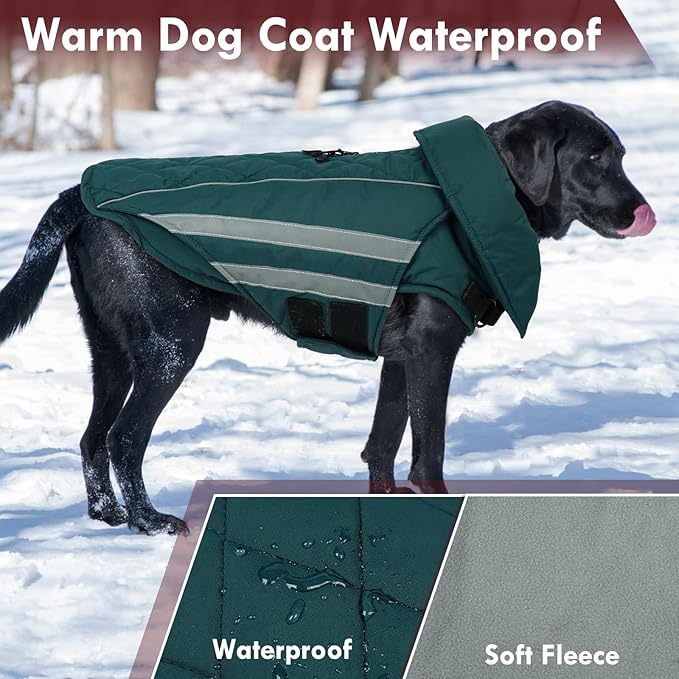 Winter Dog Coat Waterproof Reflective Dog Jacket for Extra Large Dogs with Harness Hook & Loop Turtleneck Fleece Snowsiut for Dogs Great Dane, Green 5XL