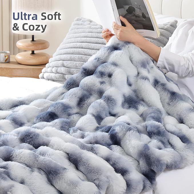 Smoofy Faux Fur Throw Blanket for Couch Rabbit Fleece - Tie-dye Blue Fluffy Blanket for Sofa Bedroom Living Room, Cozy Soft Plush Luxury Thick Winter Fuzzy Comfy Bubble Blanket - 50" x 60"
