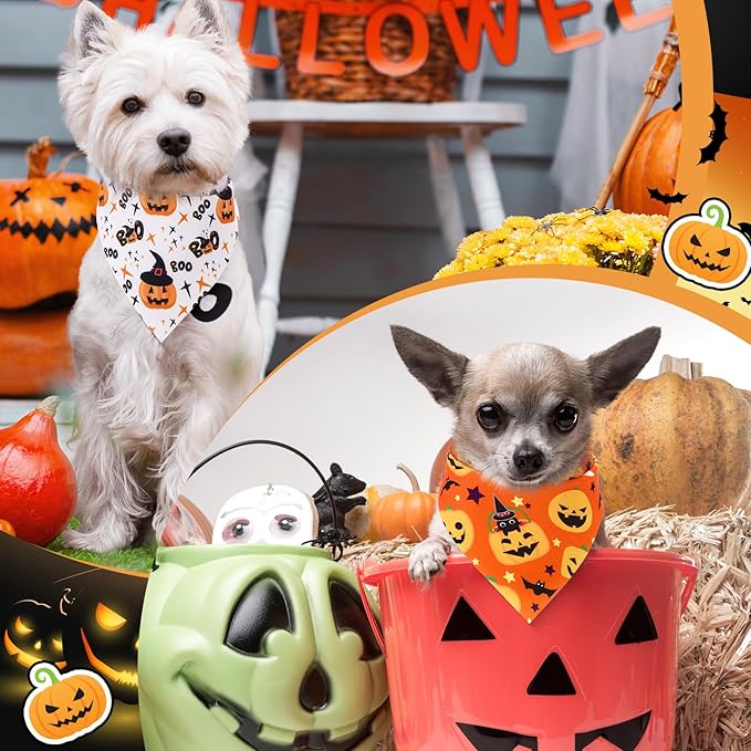 Sanwuta 48 Pcs Halloween Dog Bandanas Bulk Pumpkin Dog Bandanas Adjustable Ghost Colorful Scarf Handkerchief Bib Accessories for Small Medium Large Breeds Pet Costume Accessories