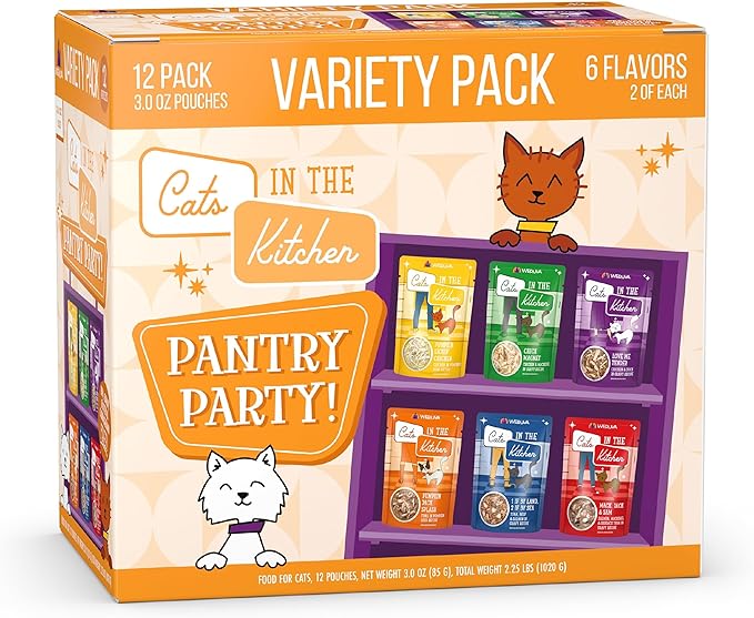 Weruva Cats in The Kitchen, Pantry Party Pouch Variety Pack in Gravy Cat Food, 3oz Pouch (Pack of 12)