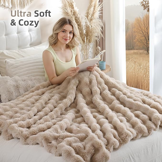 Smoofy Faux Fur Throw Blanket for Couch Rabbit Fleece - Linen Fluffy Blanket for Sofa Bedroom Living Room, Cozy Soft Plush Luxury Thick Winter Fuzzy Comfy Bubble Blanket - 60" x 80"