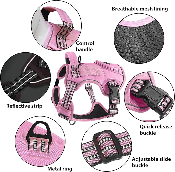 Heavy Duty Tactical Dog Harness for Large Dogs, Adjustable Reflective Service Vest with Control Handle & 4 Patches, No Pull Soft Padded Military Pet Harness for Training Walking Hiking (Pink, M)