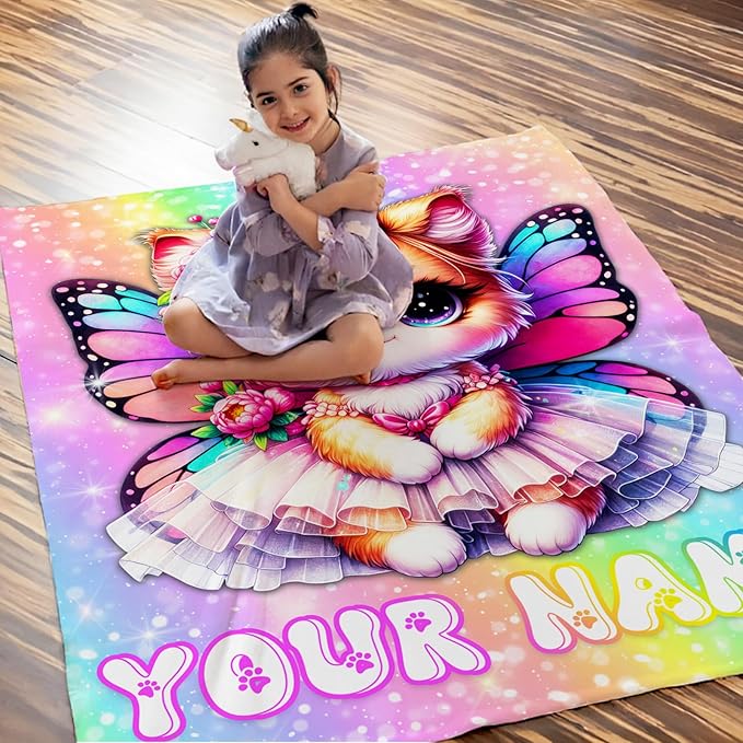 Cat Blanket for Girls Personalized Throw Gift for Toddler Kids Cat Lovers, 40x50 Inches Soft Warm Lightweight Custom Throw Blankets for Sofa Couch Bed Travel