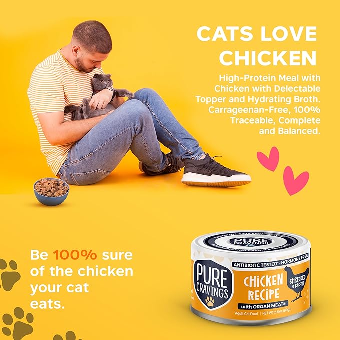 Pure Cravings Chicken Recipe in Broth, Shredded Wet Cat Food, Grain-Free Protein, Non-GMO, 12 Pack
