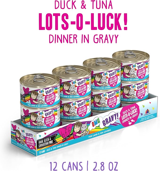 Weruva B.F.F. OMG - Best Feline Friend Oh My Gravy!, Lots-O-Luck! with Duck & Tuna in Gravy Cat Food, 2.8oz Can (Pack of 12)