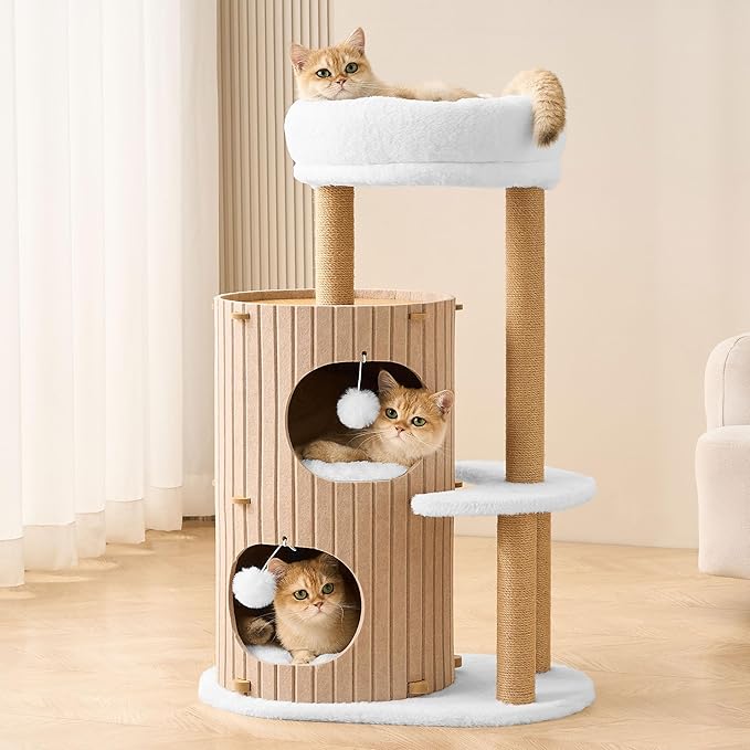 Modern Cat Tree for Indoor Cats Large Adult, 36in H Cat Condo Tower with Scratching Posts, Cozy Cat Bed Cave, Washable Cushions, Dangling Balls, Play&Nap Structure for All Breeds of Cats, Brown