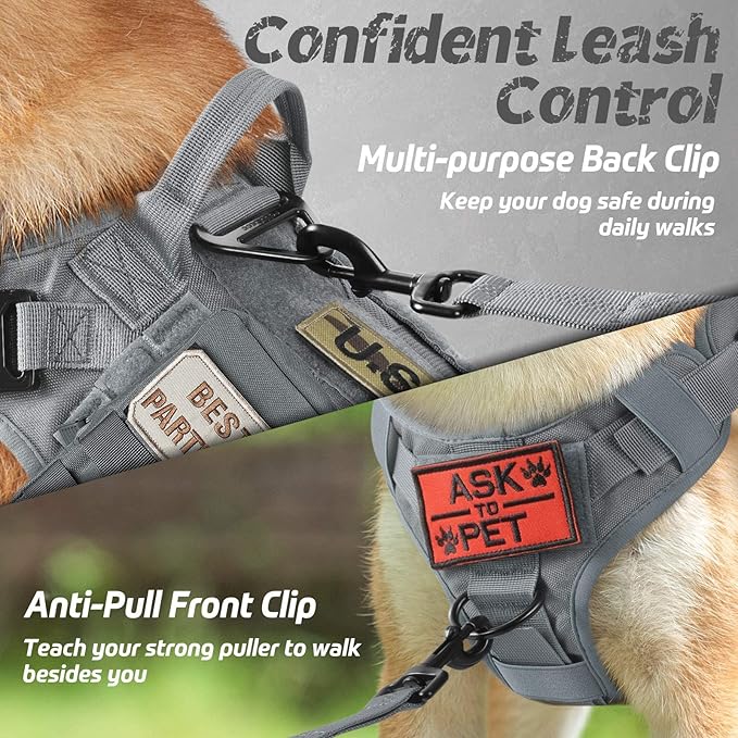 rabbitgoo Tactical Dog Harness for Large, Heavy Duty Pet Harness with Handle, No-Pull Service Vest Large Breed, Adjustable Military Dog Vest for Training Hunting Walking, Grey, L