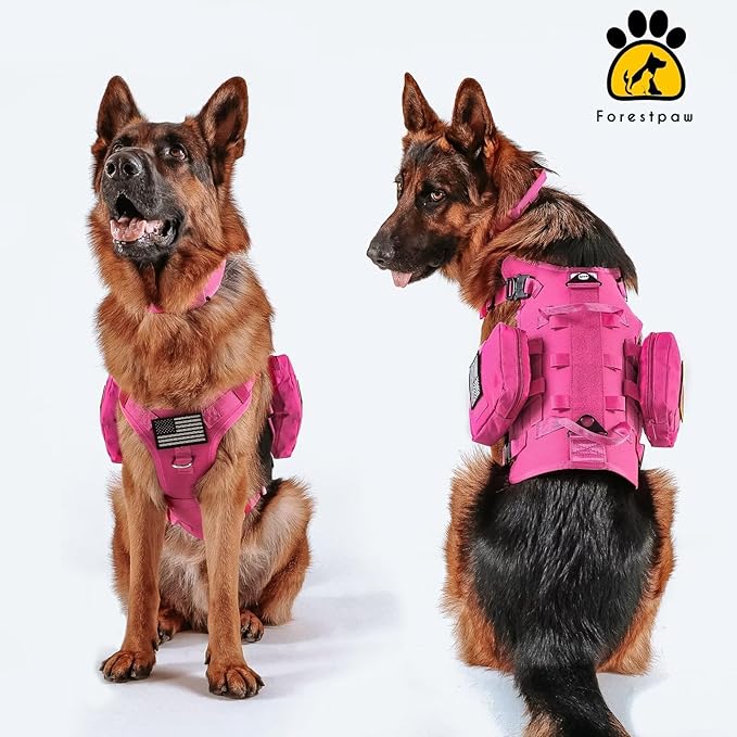 Forestpaw Pink Tactical Dog Harness for Large Dogs,Tactical Dog Collar with Bungee Leash Set,No Pull Military Dog Harness for Walking Training,Adjustable for Medium Large Dogs,Chest 19.5-41.5"