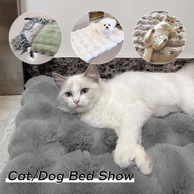 Cat Bed Plush Puppy Pad Mat with Non-Slip Bottom Faux Fur Kitten Beds for Carriers/Floor Dog Friendly 23 x 15 Inch Medium Green