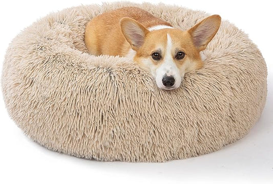 SAVFOX Plush Calming Donut Dog Beds for Small Dogs, Medium, Large & X-Large Breeds, Comfy Cuddler Dog Bed and Cat Bed in Faux Fur, Washable, Multiple Sizes S-XXL