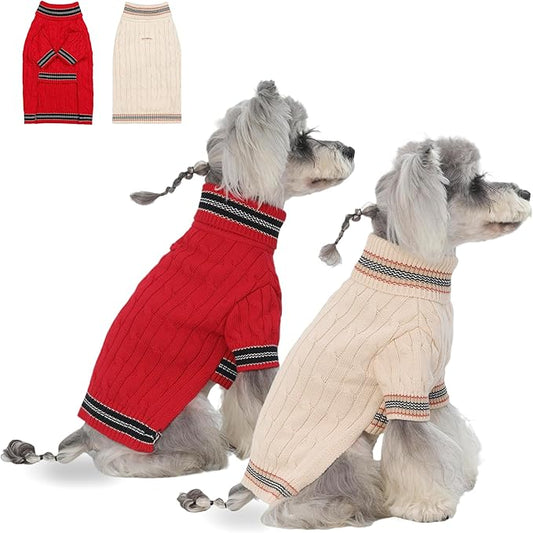 2Pack Small/Medium Dog Sweater, Warm Dog Winter Coat w/Sleeves, Comfortable High Neck & Leash Hole, Premium Dog Clothes for Schnauzer-Best for Holidays, Daily Walks M Bright Red & White