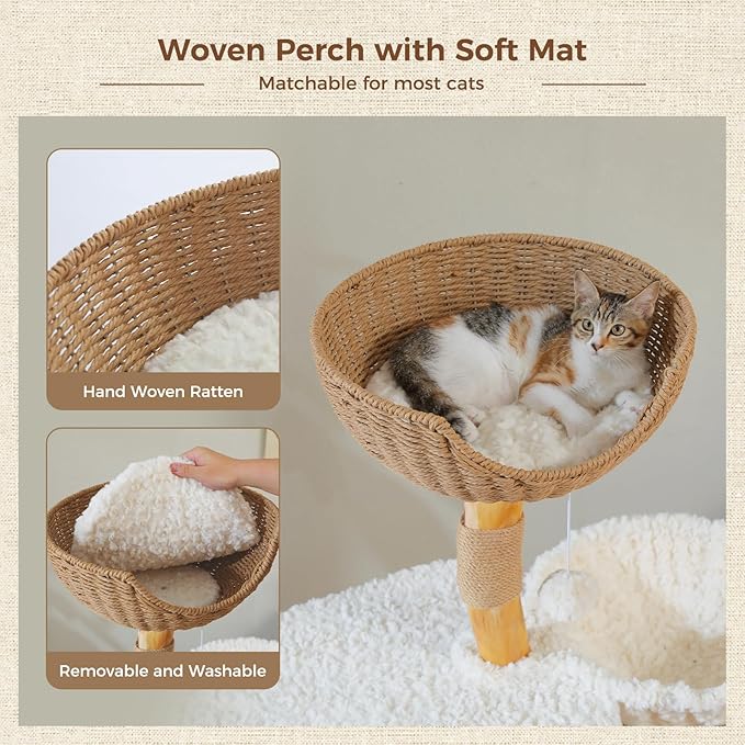 PEQULTI 48.5'' Modern Cat Tree Solid Wood Cat Tower for Indoor Cats with Luxury Cat Condo, Cozy Hammock, Scratching Post, Rattan Perch and Flower Cat Bed for Large Cats Adult, White