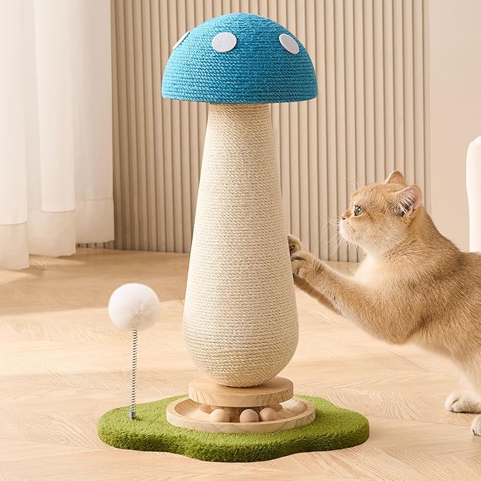 21.5โโ H Cat Scratching Post with Catnip,Cute Mushroom Cat Scratcher Post with Durable Natural Solid Wood Turntable Toy, Sky Blue Mushroom Shape Design Cat Toy Cat Sisal Scratcher for Indoor Cats